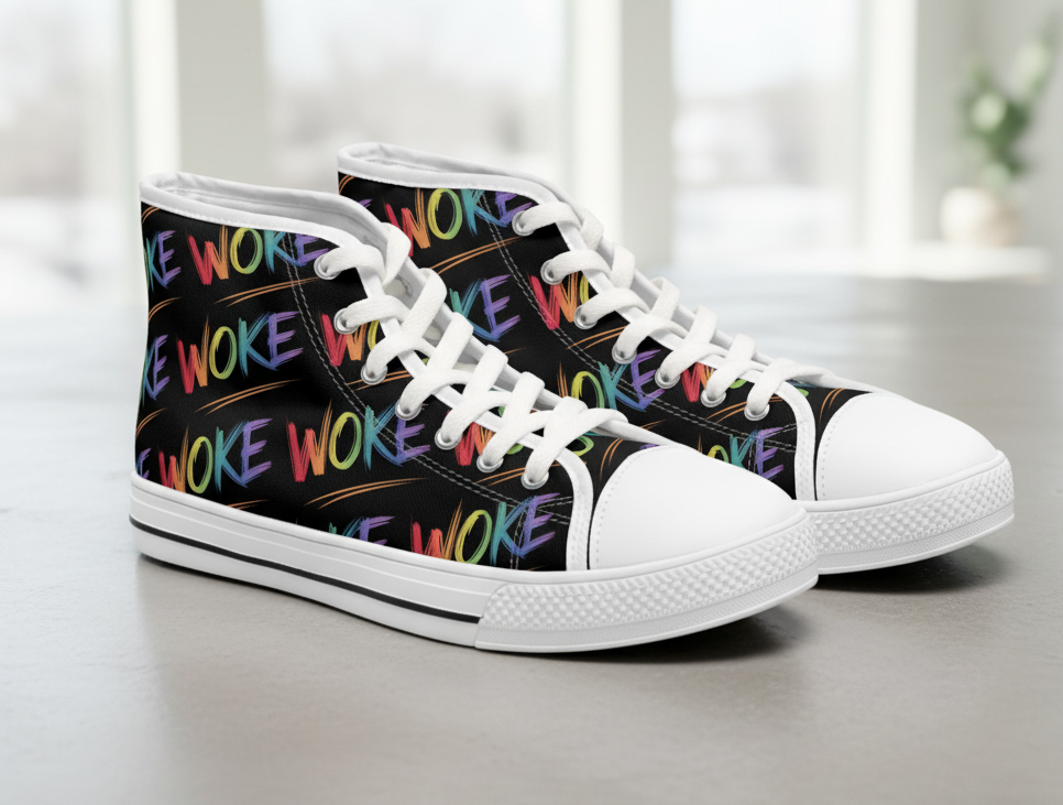 Woke Women's High Top Sneakers, Trendy Sneakers, Colorful Fashion, Statement Footwear, Gift for Activists, Casual Wear, Liberal Protest Chucks, Anti Trump Apparel, Save Democracy