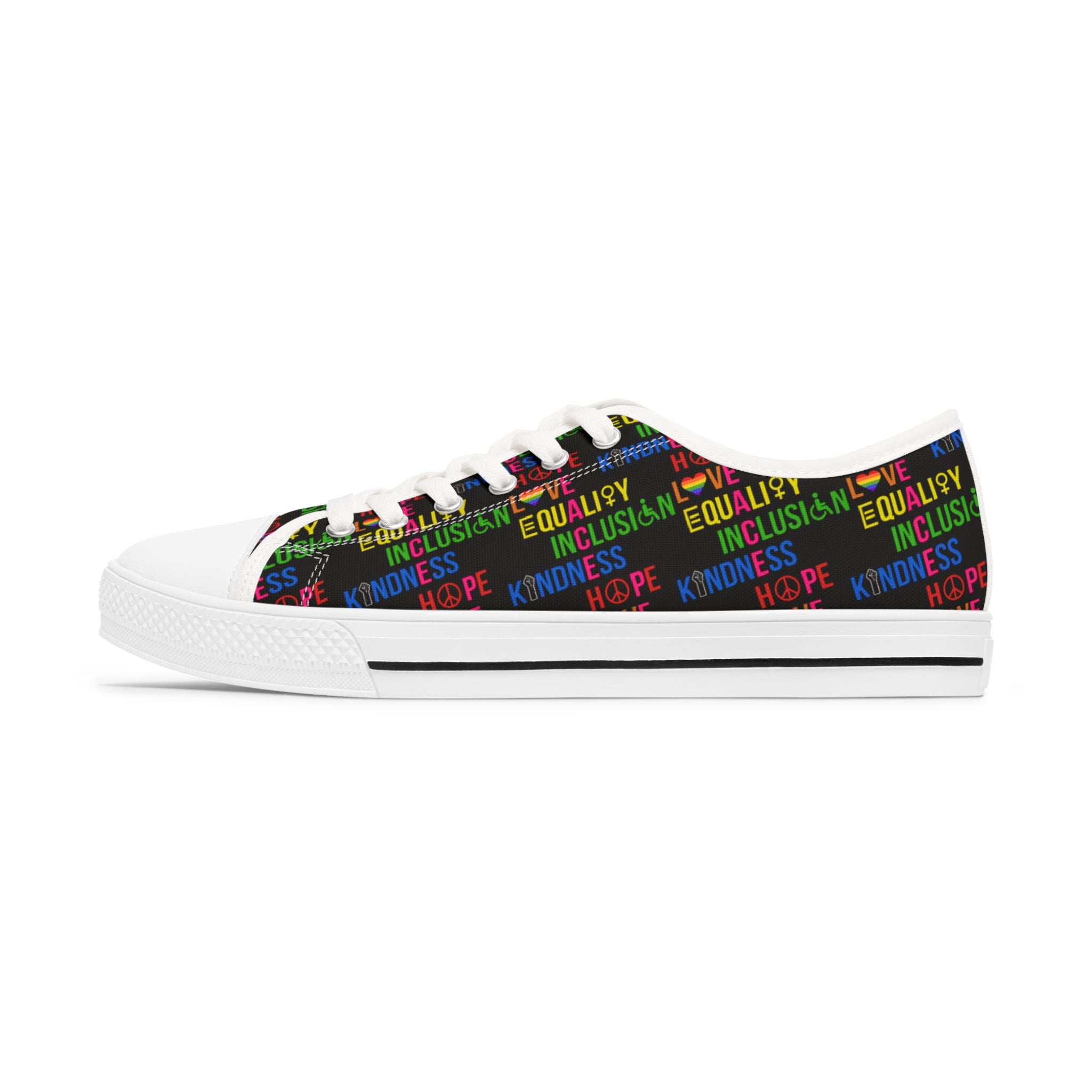 Rainbow Women's Sneakers, Kindness Inclusion Equality Love Peace, LGBTQ Pride Shoes, Colorful Casual Footwear, Gift for Her, Rainbow Pride