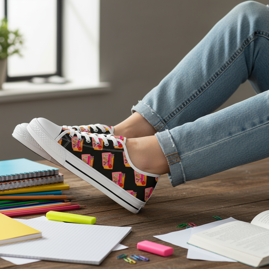 Women's Teacher Sneakers, School Supply Design Theme Shoes, Gift for Teachers Librarians Principals, School Theme Chucks