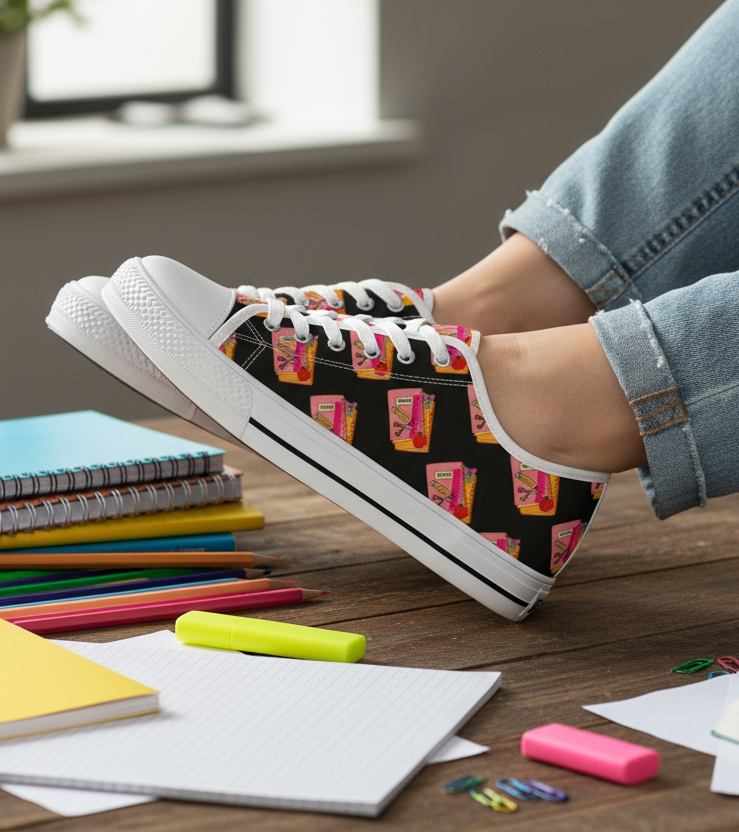 Women's Teacher Sneakers, School Supply Design Theme Shoes, Gift for Teachers Librarians Principals, School Theme Chucks