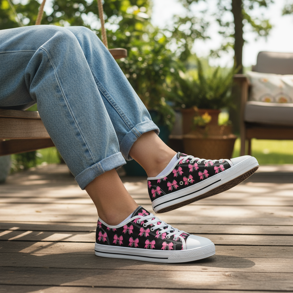 Sneakers, Pink Bows with Black and White Checkered Bow, Viral Trending Design, Women's Shoes, Low Top Trainers, Fashion Footwear, Stylish