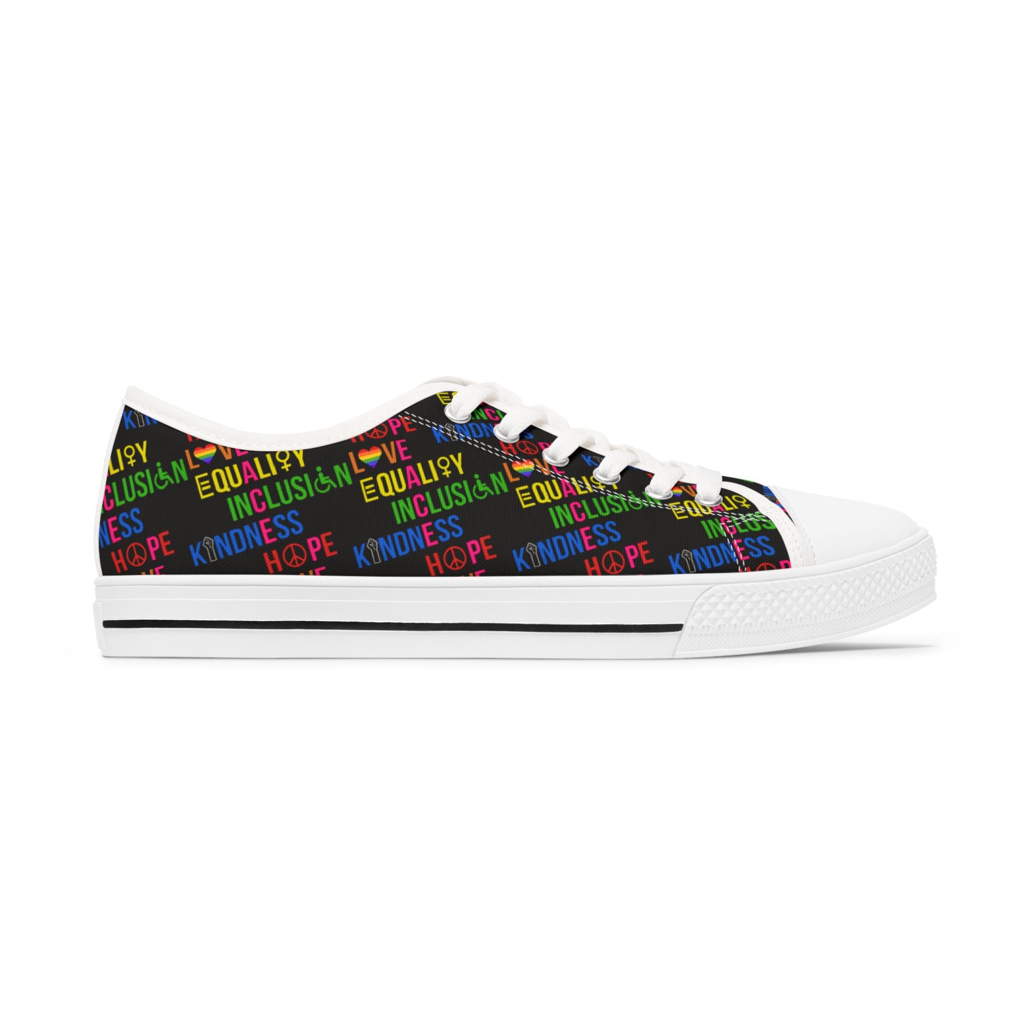 Rainbow Women's Sneakers, Kindness Inclusion Equality Love Peace, LGBTQ Pride Shoes, Colorful Casual Footwear, Gift for Her, Rainbow Pride