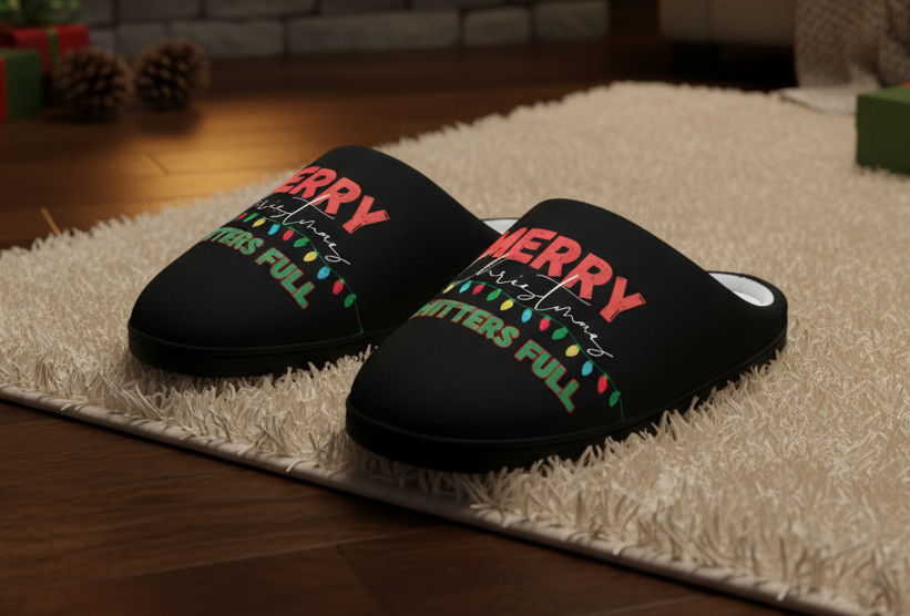 Funny Christmas Slippers, Women's Indoor Slippers, Christmas Vacation Movie Quotes 'Shitters Full', Holiday House Shoes, Comfy Winter