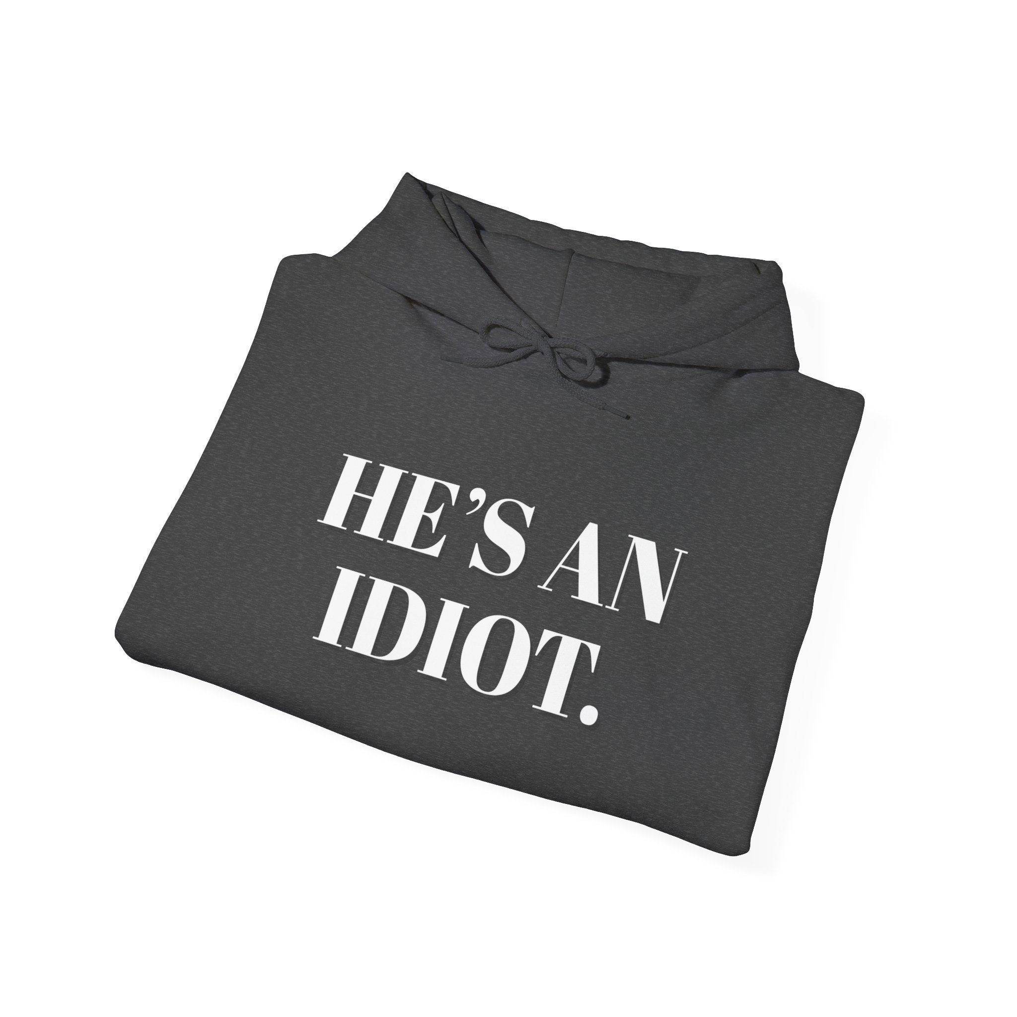 Hoodie — "He's An Idiot." Bold Statement Sweatshirt Pullover, Political Humor and Human Rights Activists Hoodie