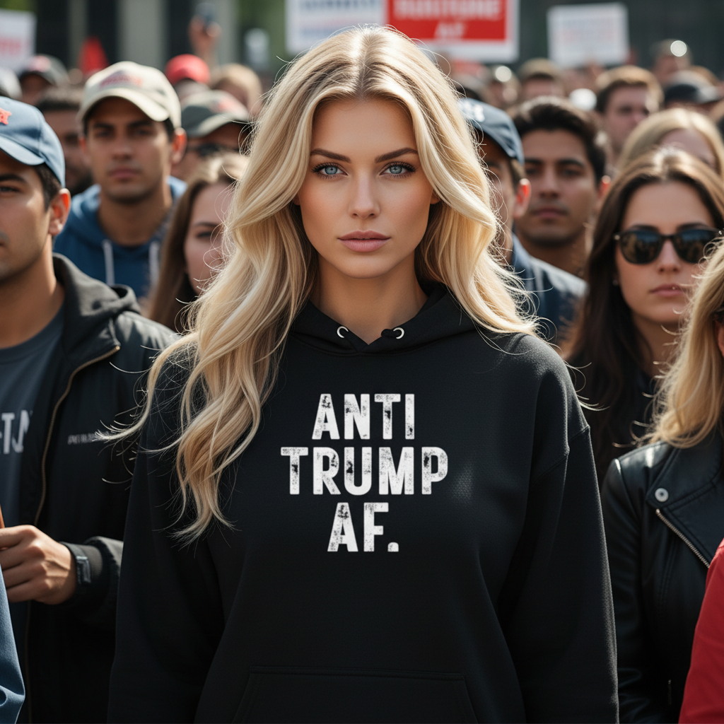 Black hoodie with 'ANTI TRUMP AF.' text on a white background
