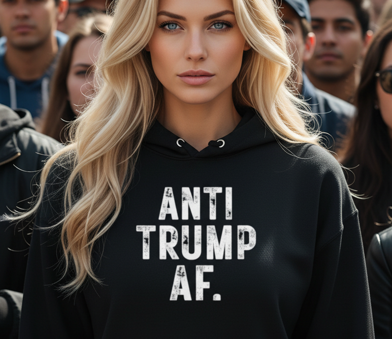 Beautiful woman with a black hoodie with vintage font "Anti Trump AF"
