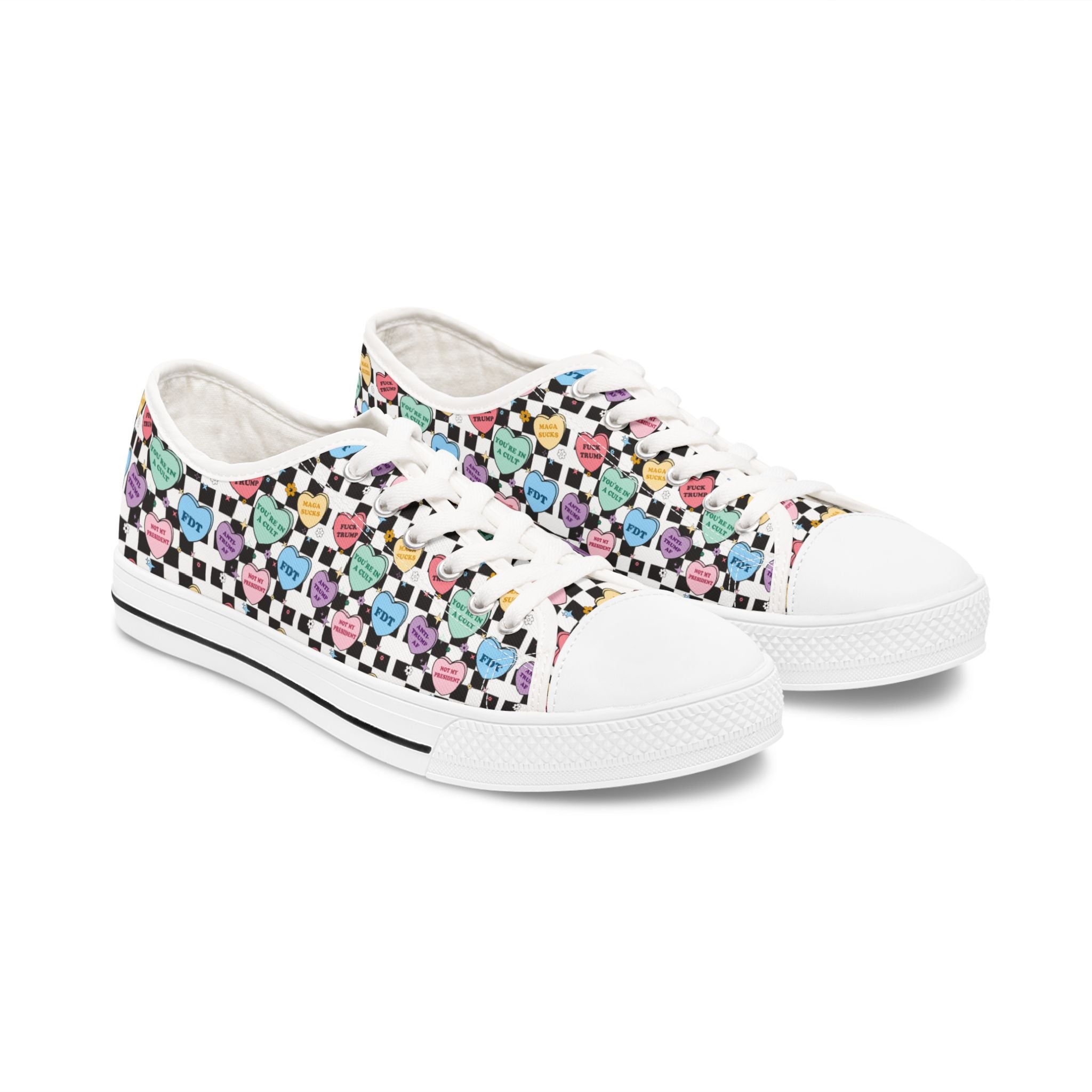Activist Checkered Anti Trump Women's Low Top Sneakers, Bright Colored Hearts, Political Activists, Protest Shoes, Statement Sneakers, Activist