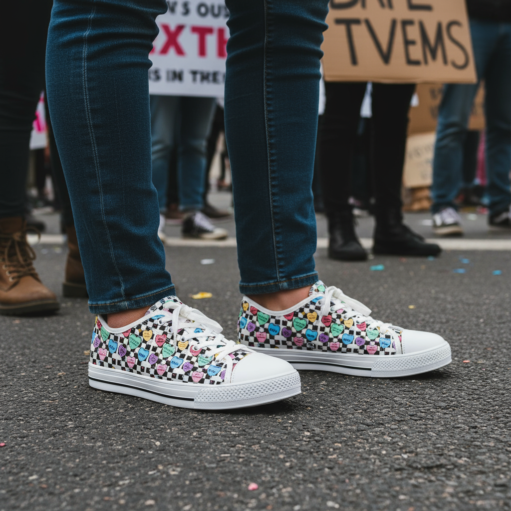 Activist Checkered Anti Trump Women's Low Top Sneakers, Bright Colored Hearts, Political Activists, Protest Shoes, Statement Sneakers, Activist