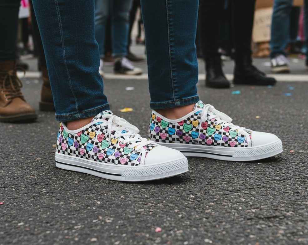 Activist Checkered Anti Trump Women's Low Top Sneakers, Bright Colored Hearts, Political Activists, Protest Shoes, Statement Sneakers, Activist