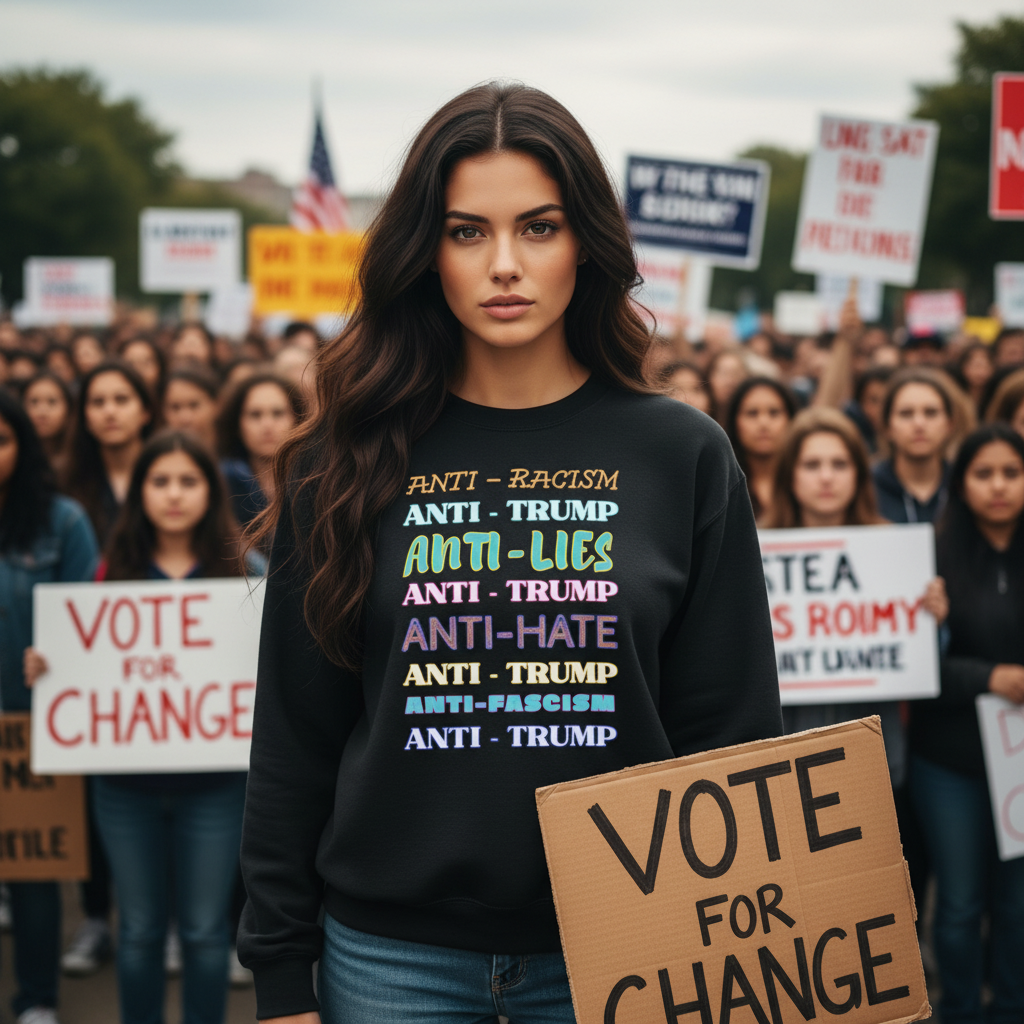 beautiful woman wearing an anti trump colorful sweatshirt