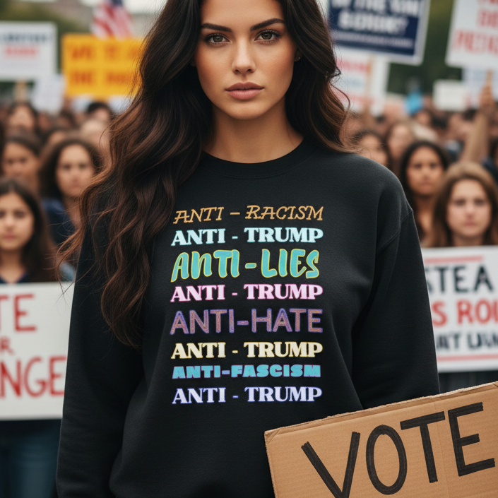 Woman wearing a black sweatshirt with anti-racism and anti-Trump text at a protest rally.