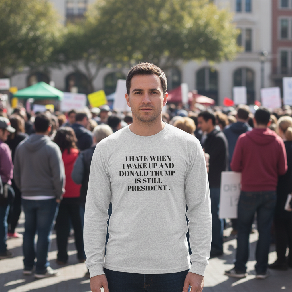 Long sleeve shirt with the quote "I hate when I wake up and Donald Trump is still President"
