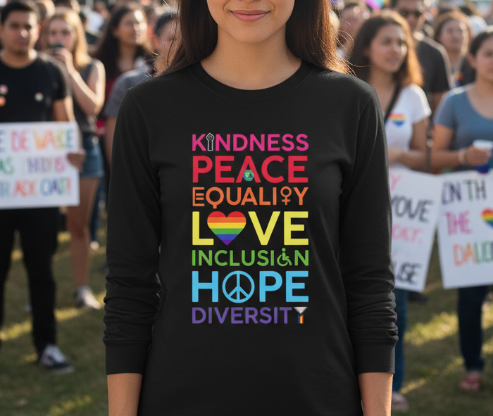 Person wearing a black shirt with colorful text Kindness Equality love inclusion hope diversity in a protest setting