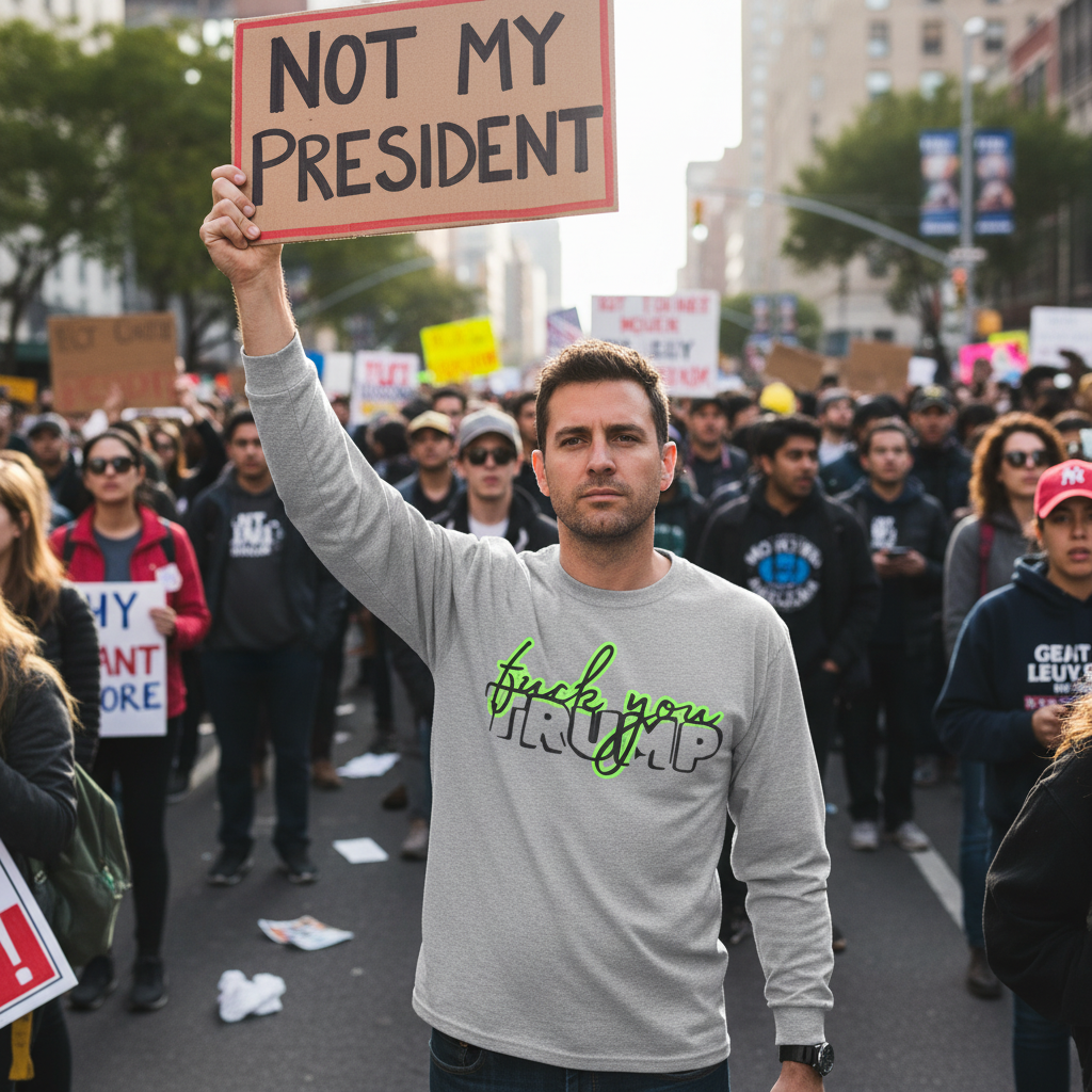 Man wearing a gray long sleeve tee "Fuck you trump" At a protest 