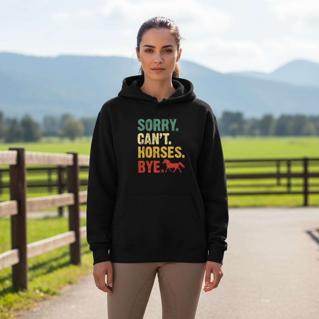 Retro vintage hoodie on an equestrian woman with "can't horses bye"