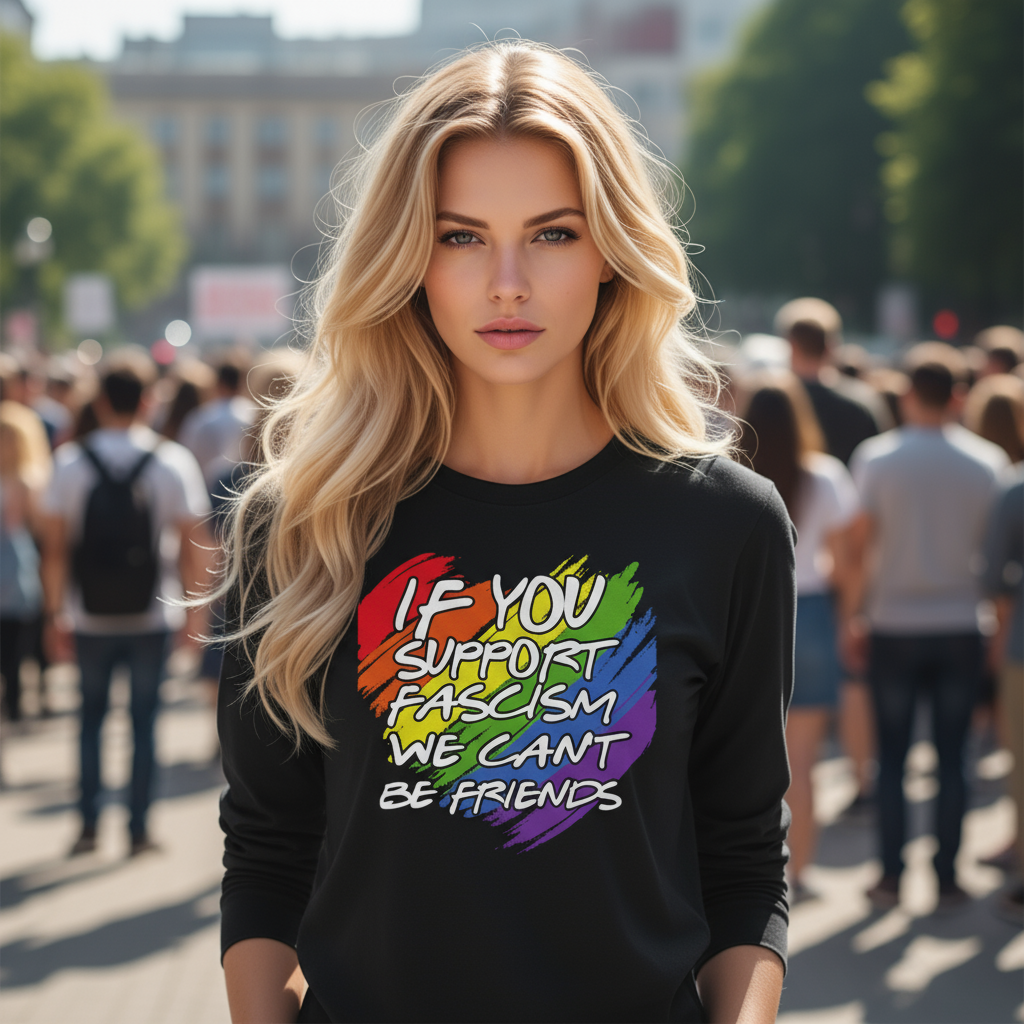 Woman wearing a black sweatshirt with rainbow-colored text in a crowded outdoor setting