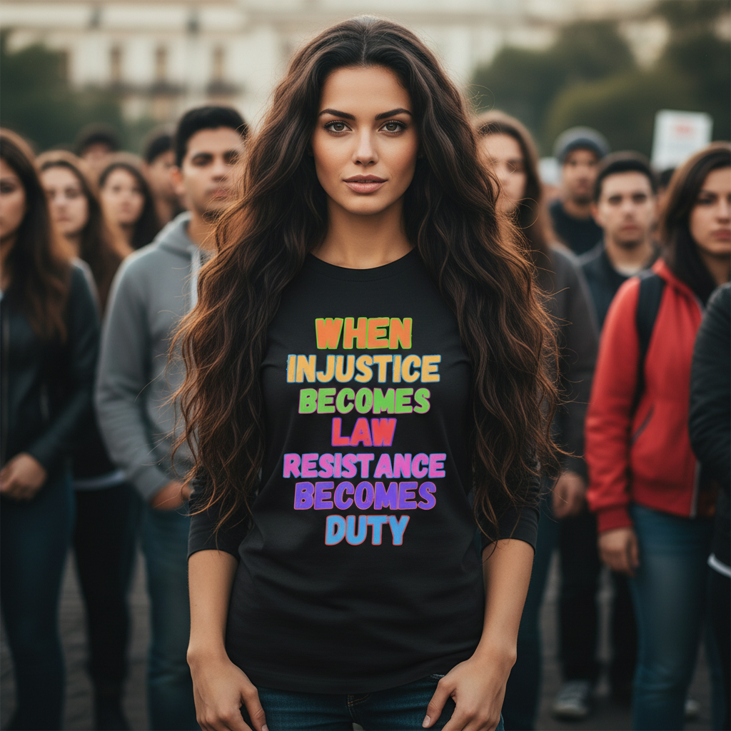 Beautiful woman with a black long sleeve tee that has colorful font with the words "if injustice becomes law than resistance becomes duty"