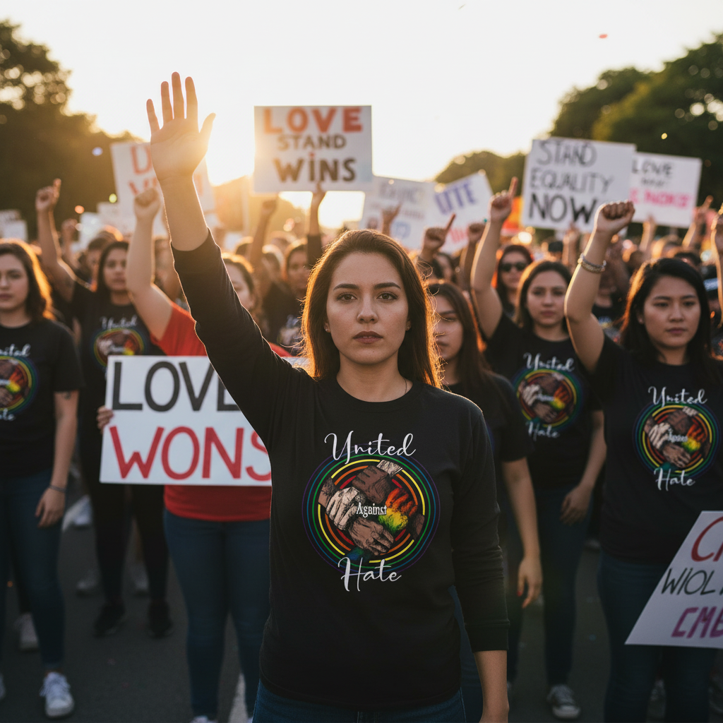 Black long-sleeve shirt with rainbow design and 'United Against Hate' text on a white background