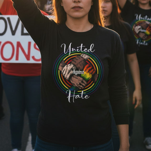 Person wearing a black shirt with a rainbow design and 'United Against Hate' text at a protest.