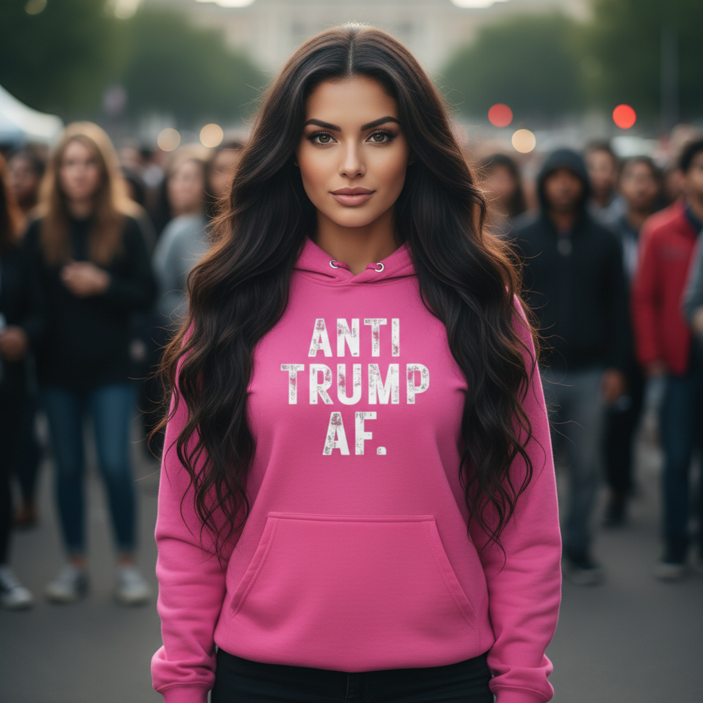 Beautiful woman wearing a pink hoodie with the text "Anti Trump AF"