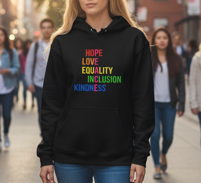 Hope Love Equality Inclusion Kindness Peace Hoodie Colorful Rainbow Design