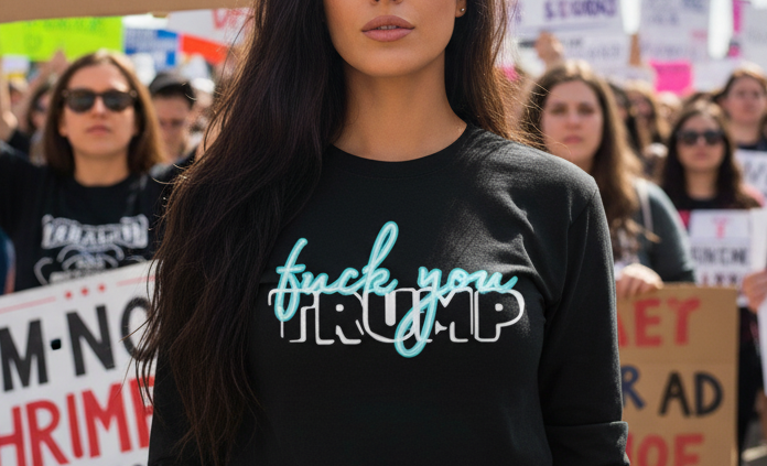 Woman wearing a long sleeve black tee "fuck you trump" At a protest 