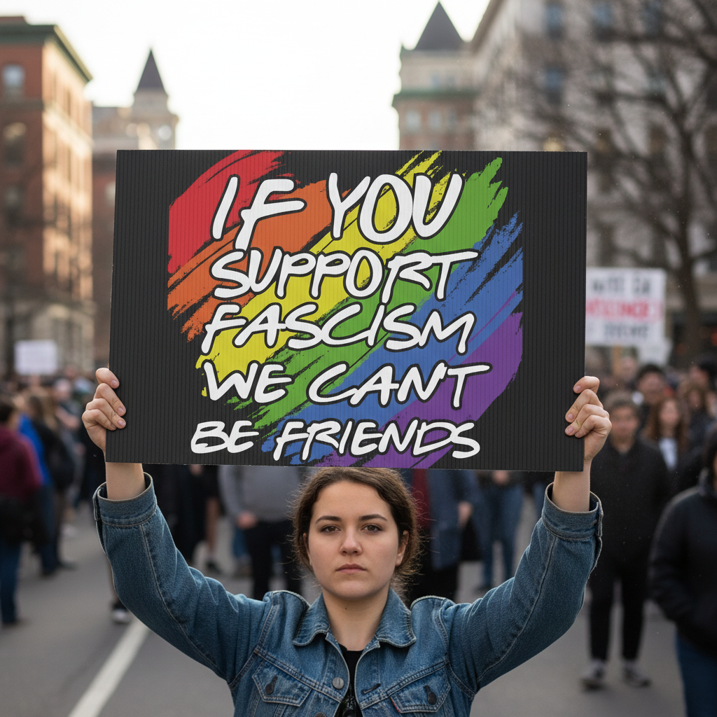 Rainbow-colored text on a black background with the message 'If you support fascism we can't be friends'.