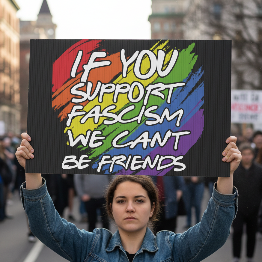 Woman holding a sign that says "if you support fascism we can't be friends"