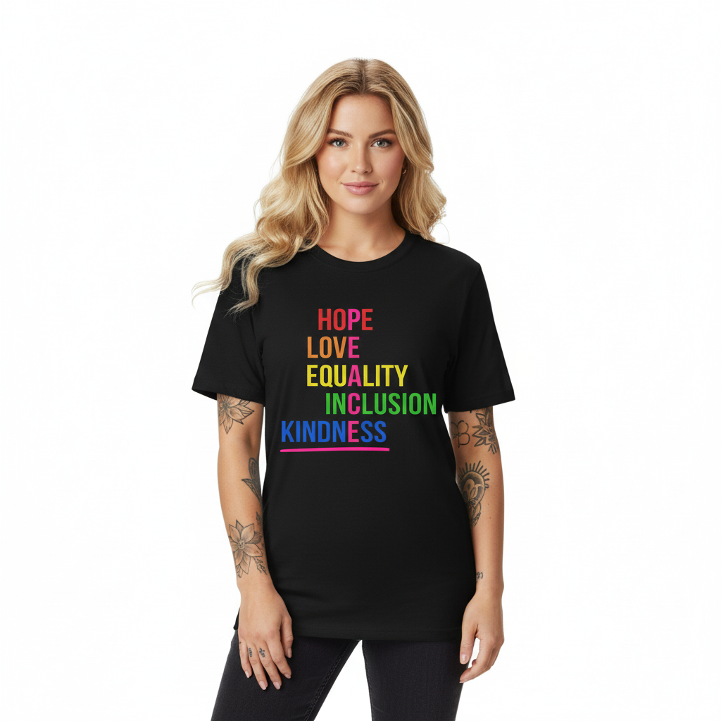Peace Love Hope Equality Inclusion Unisex T-Shirt, Inspiring Graphic Tee, Positive Vibes Shirt, Activist Gift, Social Justice Clothing