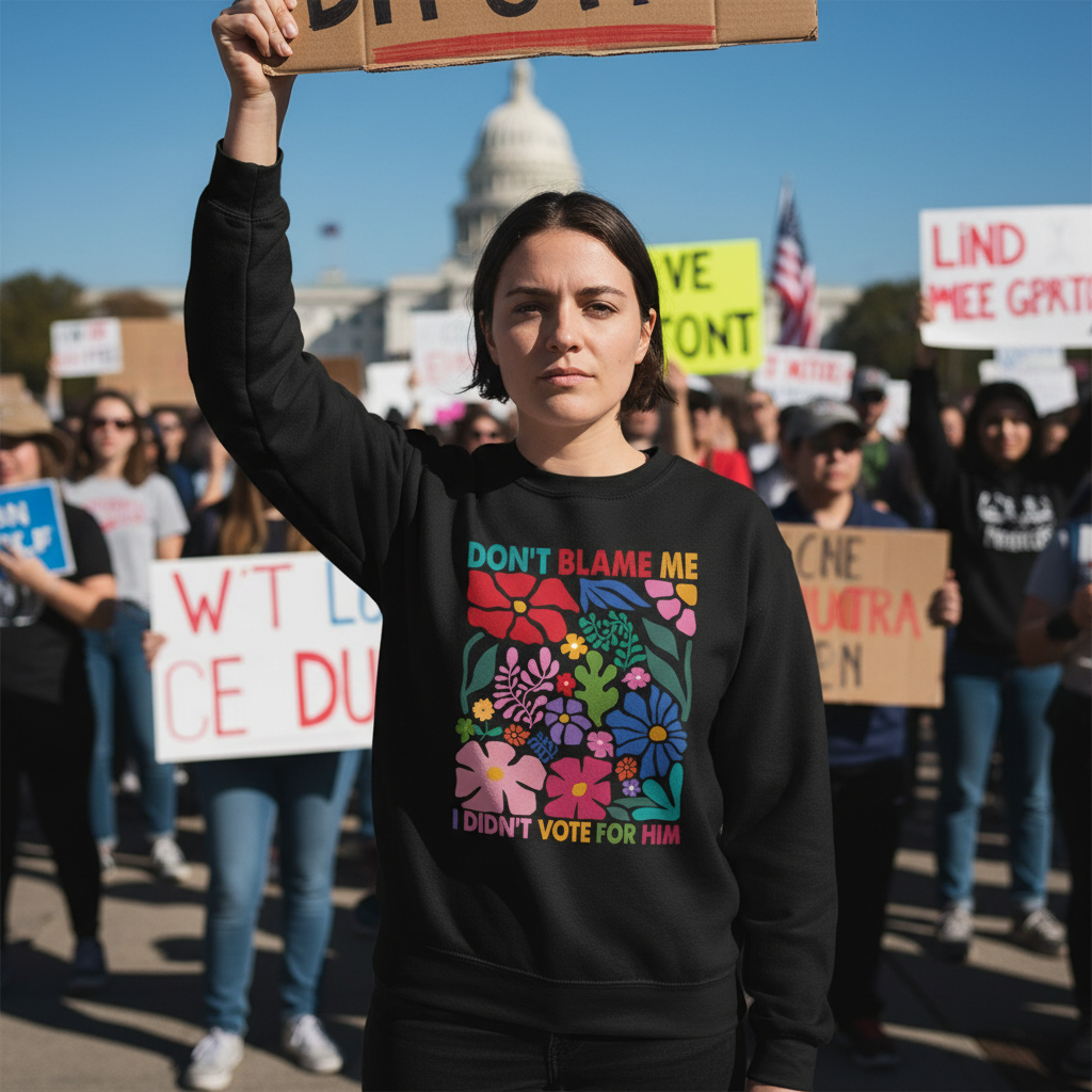 women in a protest wearing a colorful sweatshirt that says "don't blame me I didn't vote for him"