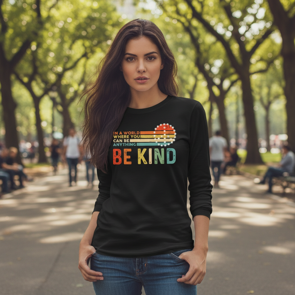 Black long-sleeve shirt with colorful text 'In a world where you can be anything BE KIND' on a white background
