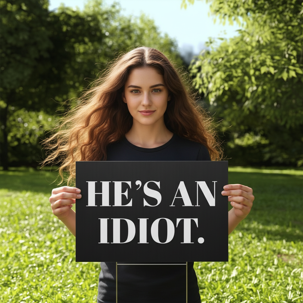 Black sign with white text 'HE'S AN IDIOT.' in a grassy outdoor setting