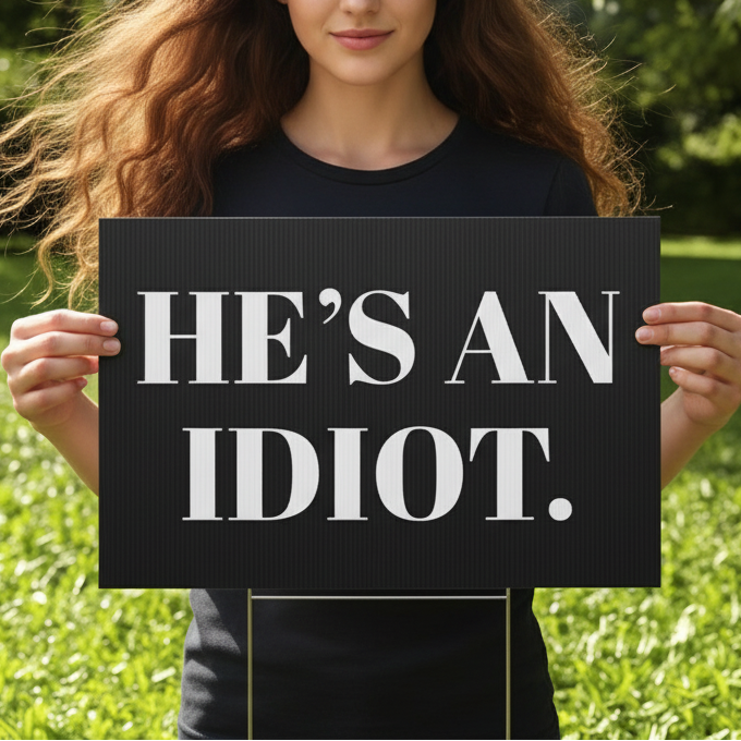Person holding a sign with the text 'HE'S AN IDIOT.' outdoors.