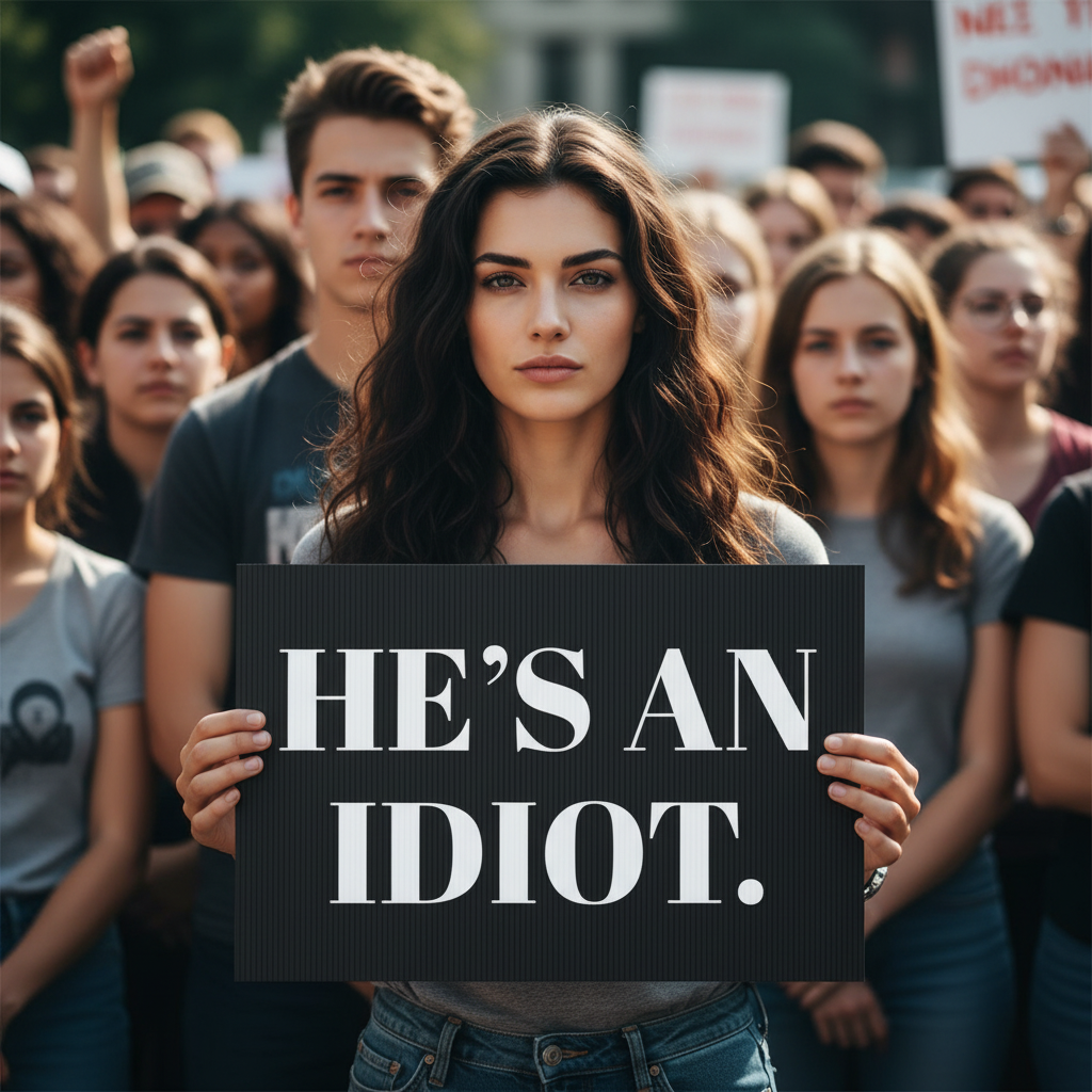 Woman holding a black and white sign with the text "He's an Idiot"