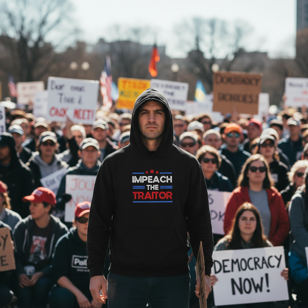 Man at a protest wear a black hoodie with the quote "Impeach the Traitor" Anti Trump Sweatshirt 