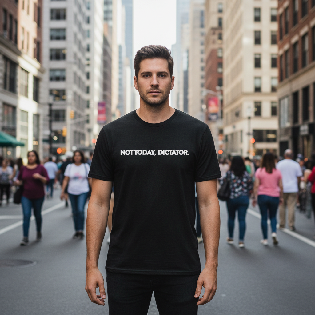 Black t-shirt with 'Not Today, Dictator' text on a white background