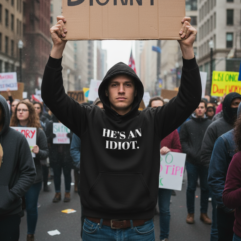 Black hoodie with white text 'HE'S AN IDIOT.' on a white background