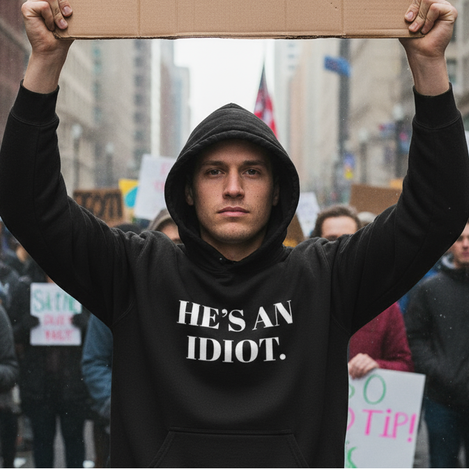 Person wearing a black hoodie with 'HE'S AN IDIOT.' text, holding a cardboard sign in an urban setting.