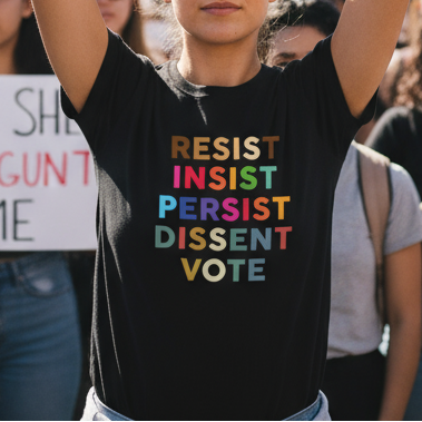 Person wearing a black t-shirt with colorful text at a protest rally