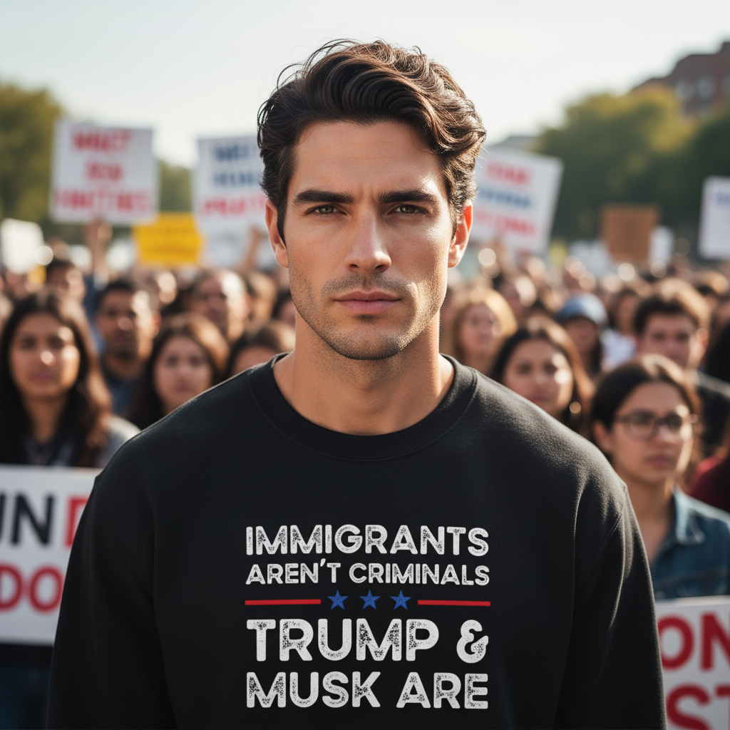 man wearing a sweatshirt "immigrants aren't criminals Trump and Musk are" at a protest