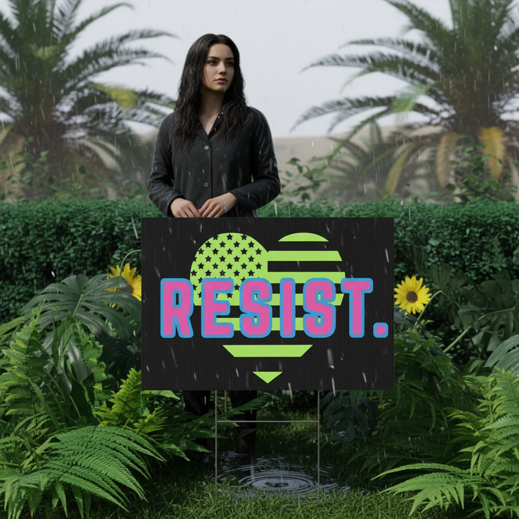 Garden flag with 'RESIST.' text and American flag design in green and pink, set against a natural background.
