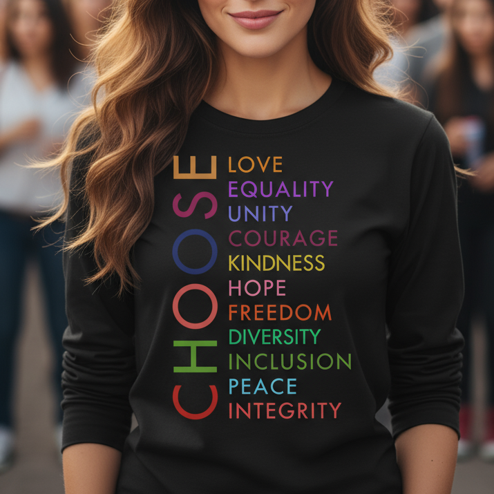 Woman wearing a black sweatshirt with motivational words in colorful letters, standing in a crowd.