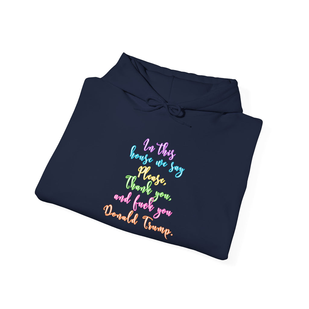 Hoodie - Colorful Script Political Humor Quote "In This House We Say Please, Thank you, and f*** you Donald Trump"