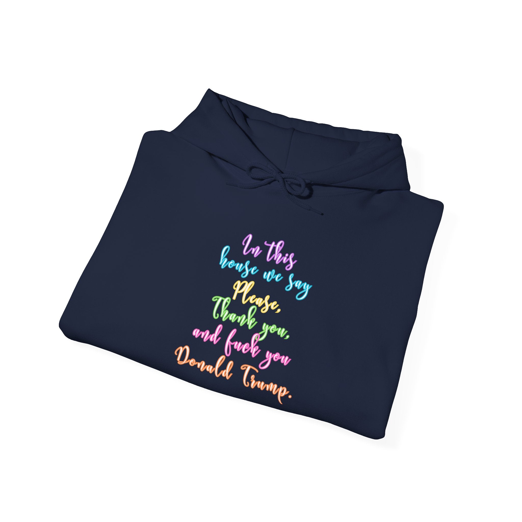 Hoodie - Colorful Script Political Humor Quote "In This House We Say Please, Thank you, and f*** you Donald Trump"