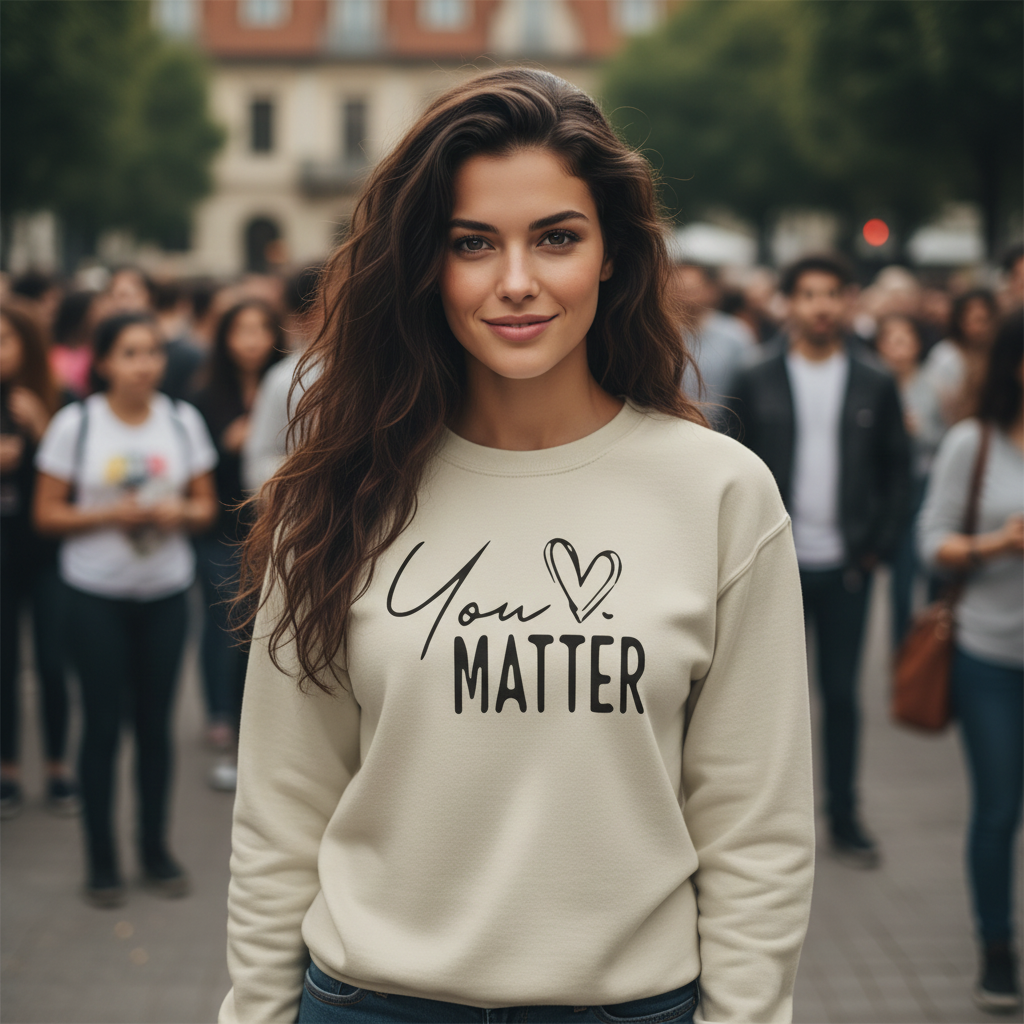 Beautiful woman wearing a sweatshirt that says "you matter"