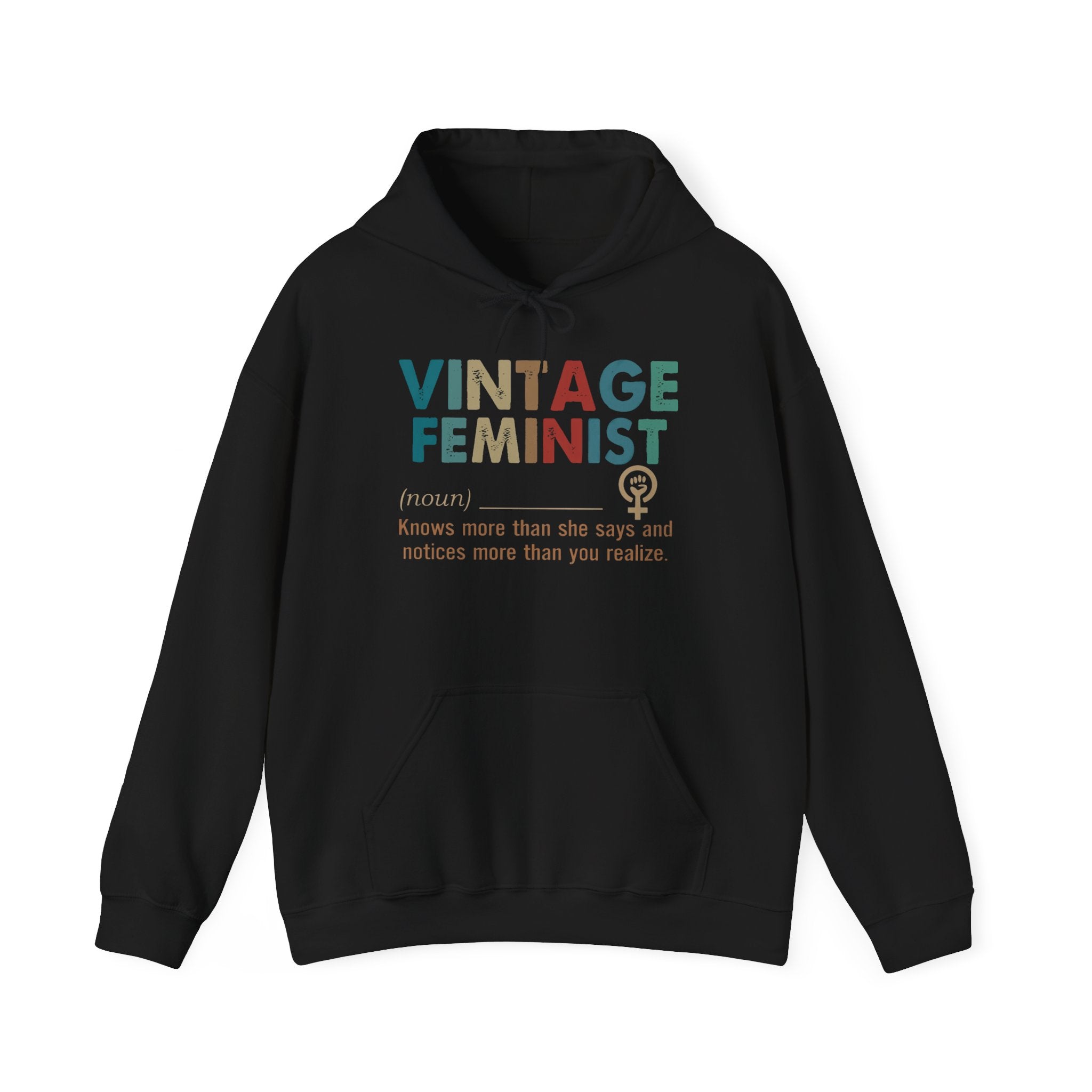 Black hoodie with colorful 'Vintage Feminist' text design on a white background