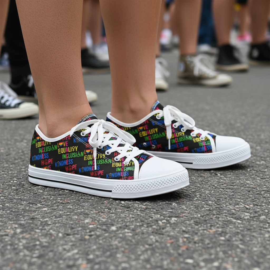 Rainbow Women's Sneakers, Kindness Inclusion Equality Love Peace, LGBTQ Pride Shoes, Colorful Casual Footwear, Gift for Her, Rainbow Pride