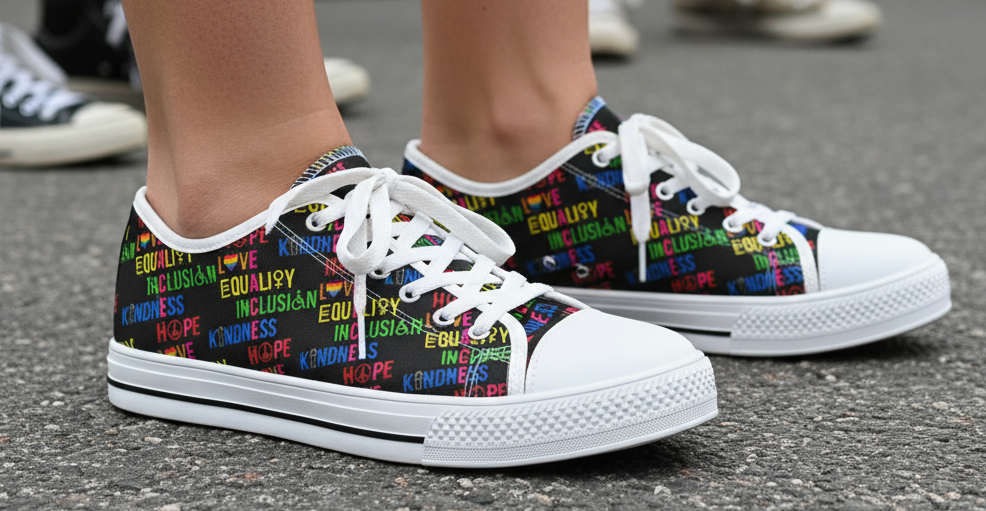 Rainbow Women's Sneakers, Kindness Inclusion Equality Love Peace, LGBTQ Pride Shoes, Colorful Casual Footwear, Gift for Her, Rainbow Pride