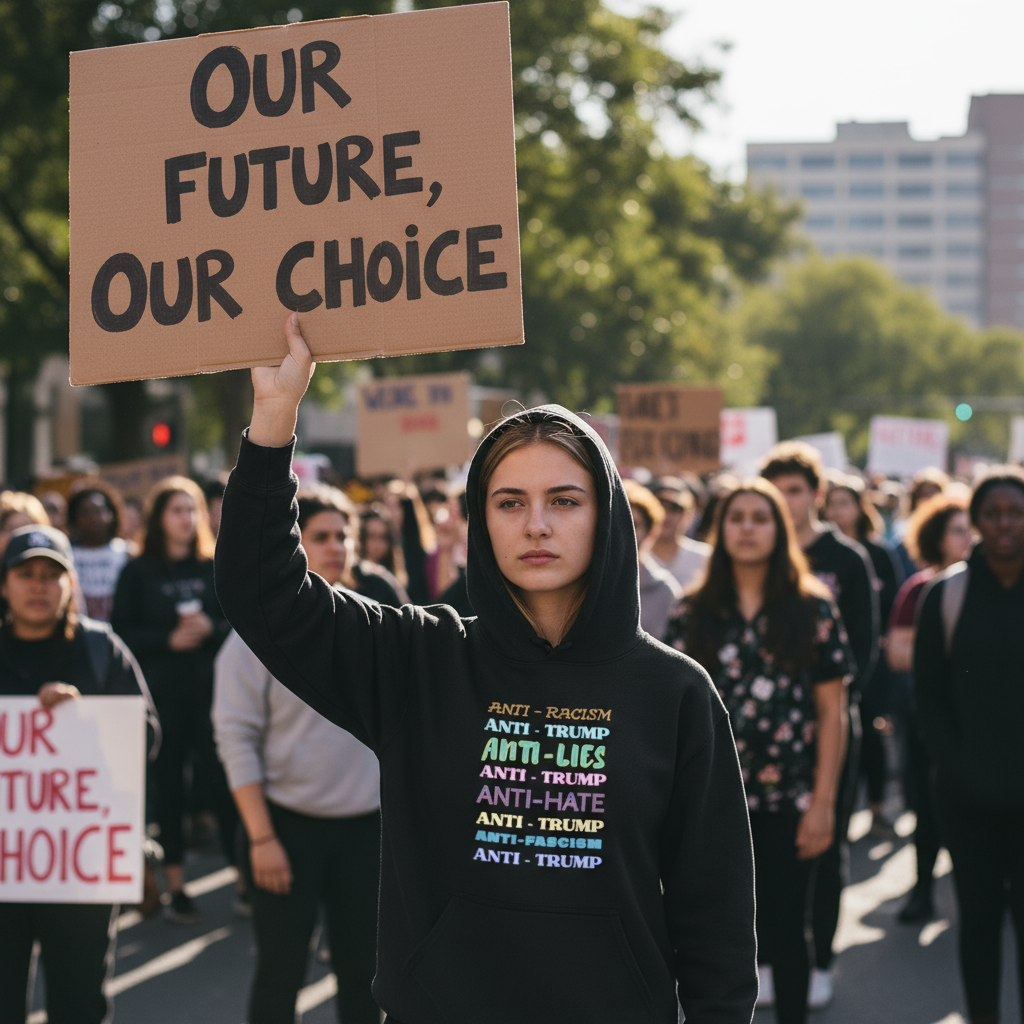 Anti-Trump Statement Hoodie — Rainbow Text ‘Anti-Racism, Anti-Lies, Anti-Hate’ Political Sweatshirt