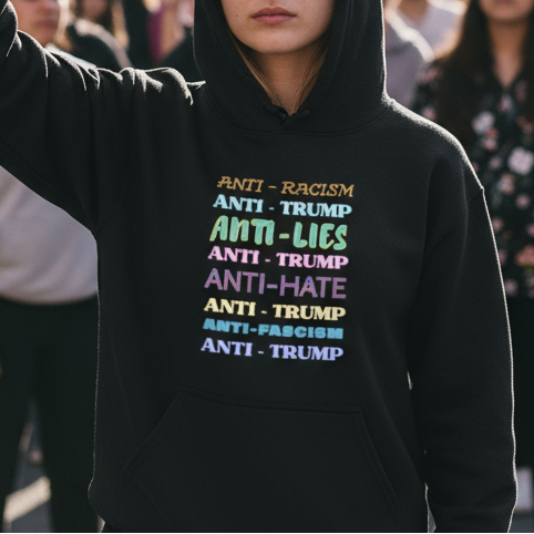 Protestor holding a sign reading 'Our Future, Our Choice' with a crowd in the background.
